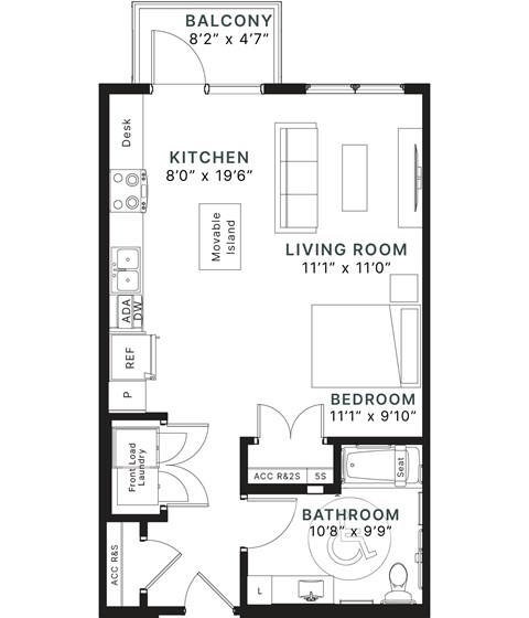 Floor plan for studio, 1 bath, 645 sqft